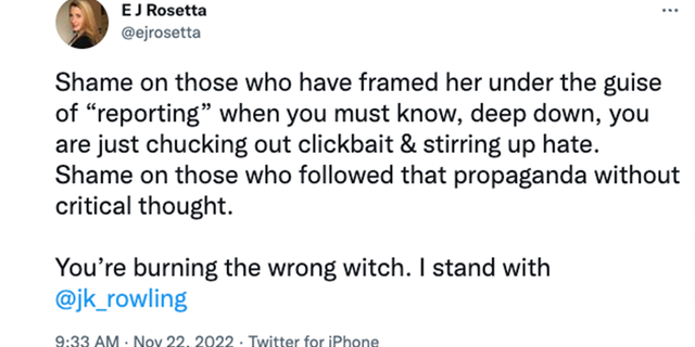 Huffington Post writer E J Rosetta says she stands with "Harry Potter" author JK Rowling after finding no evidence she engaged in transphobic language.