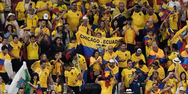 Ecuadorian fans celebrate after the World Cup group A football match between Qatar and Ecuador at Al Bayt Stadium in Al Khor, Qatar, on Sunday, November 20, 2022.