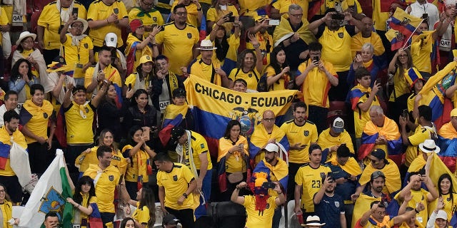 Los fanáticos ecuatorianos celebran después de un partido de fútbol del Grupo A de la Copa Mundial entre Qatar y Ecuador en el estadio Al Bayt en Al Khor, Qatar, el domingo 20 de noviembre de 2022.