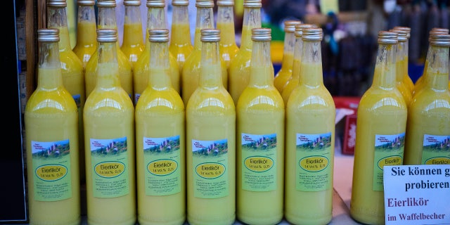 Bottles of eggnog sit on a table at Ostpro 2021 in Berlin, Germany.