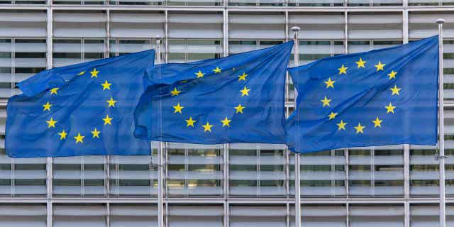 Flags of Europe as seen waving on a pole.