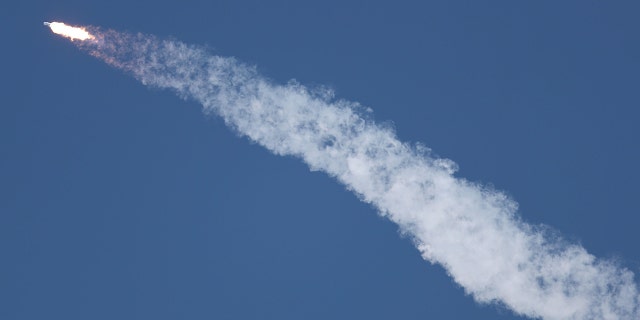 TITUSVILLE, FLORIDA - APRIL 11: The SpaceX Falcon Heavy rocket is seen after it left launch pad 39A at NASA’s Kennedy Space Center on April 11, 2019, in Titusville, Florida.
