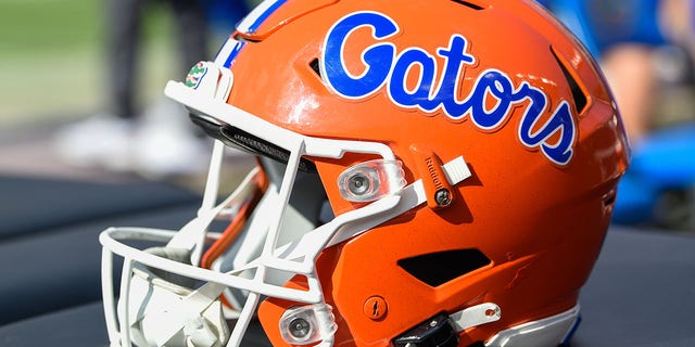 A Florida Gators helmet sits on the sidelines of Kyle Field on November 5, 2022 in College Station, Texas.
