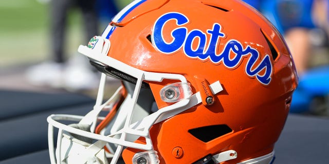 A Florida Gators helmet sits on the sideline at Kyle Field on Nov. 5, 2022, in College Station, Texas.