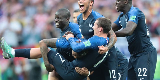 Players of France celebrate the win of the final match between France and Croatia at the FIFA World Cup on July 15, 2018, at Luzhniki Stadium in Moscow, Russia.