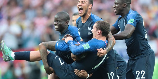 Players of France celebrate the win of the final match between France and Croatia at the FIFA World Cup on July 15, 2018, at Luzhniki Stadium in Moscow, Russia.