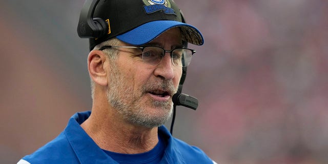 Indianapolis Colts head coach Frank Reich stands on the sideline in the first half of an NFL football game against the New England Patriots, Sunday, Nov. 6, 2022, in Foxborough, Mass. 