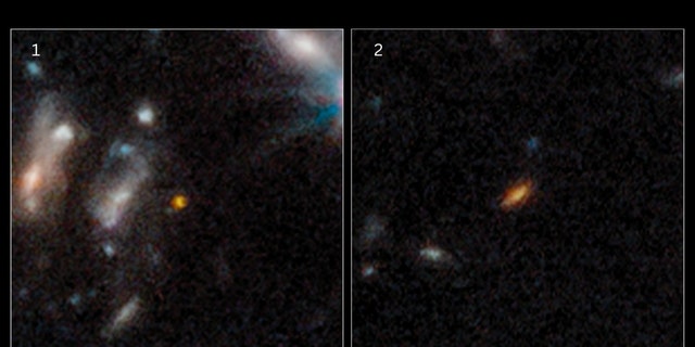 These two galaxies are thought to have existed 350 &amp; 450 million years after the big bang (left to right). Unlike our Milky Way, these first galaxies are small and compact, with spherical or disk shapes rather than grand spirals.