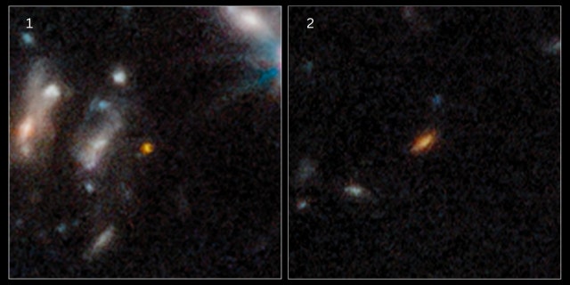 Se cree que estas dos galaxias existieron 350 y 450 millones de años después del Big Bang (de izquierda a derecha).  A diferencia de nuestra propia Vía Láctea, estas primeras galaxias son pequeñas y compactas, más esféricas o con forma de disco que grandes espirales.