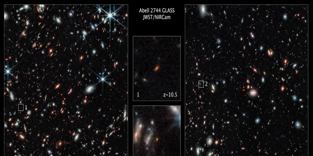 Two of the farthest galaxies seen to date are captured in these Webb Space Telescope pictures of the outer regions of the giant galaxy cluster Abell 2744. The galaxies are not inside the cluster, but many billions of light-years farther behind it. The galaxy labeled (1) existed only 450 million years after the big bang. The galaxy labeled (2) existed 350 million years after the big bang. Both are seen really close in time to the Big Bang, which occurred 13.8 billion years ago. These galaxies are tiny, compared to our Milky Way, being just a few percent of its size, even the unexpectedly elongated galaxy labeled (1).