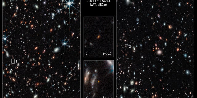 Two of the farthest galaxies seen to date are captured in these Webb Space Telescope pictures of the outer regions of the giant galaxy cluster Abell 2744. The galaxies are not inside the cluster, but many billions of light-years farther behind it. The galaxy labeled (1) existed only 450 million years after the big bang. The galaxy labeled (2) existed 350 million years after the big bang. Both are seen really close in time to the Big Bang, which occurred 13.8 billion years ago. These galaxies are tiny, compared to our Milky Way, being just a few percent of its size, even the unexpectedly elongated galaxy labeled (1).