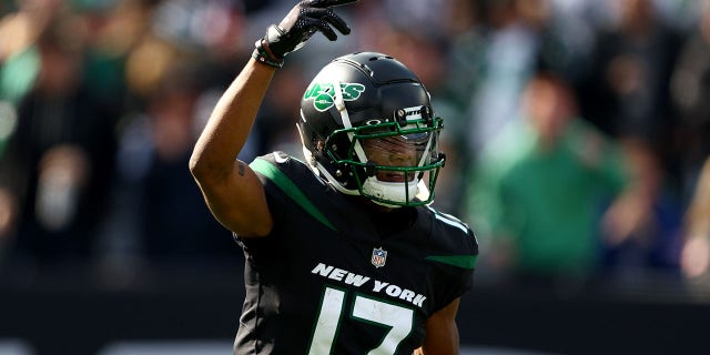 Garrett Wilson celebrates a reception for a first down against the New England Patriots at MetLife Stadium on Oct. 30, 2022, in East Rutherford, New Jersey.
