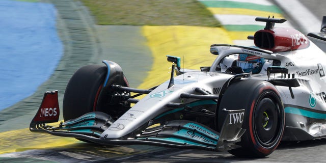 Mercedes driver George Russell, of Britain, steers his car during the Brazilian Formula One Grand Prix at the Interlagos race track in Sao Paulo Sunday, Nov.13, 2022.