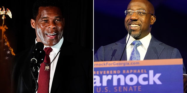 Republican US Senate candidate Herschel Walker (left) and Democratic Senator Raphael Warnock speak at their respective election night vigil parties on November 8, 2022.