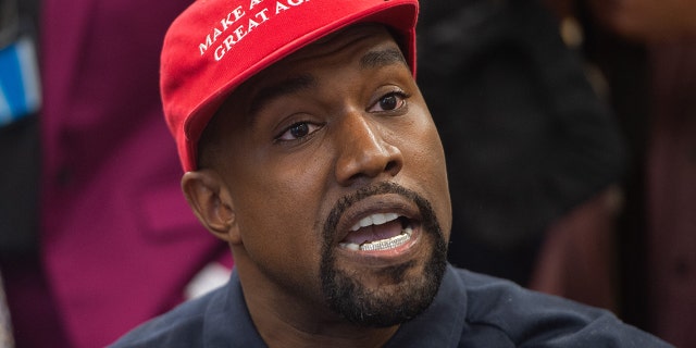 Rapper Kanye West speaks during his meeting with then President Trump in the Oval Office of the White House in Washington, DC, on October 11, 2018.