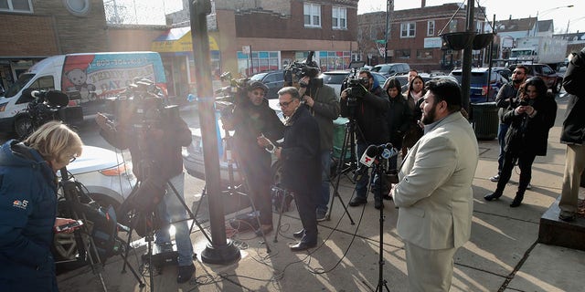 14th Ward alderman candidate Jose Luis Torrez speaks to the press outside the Southside office of incumbent 14th Ward Alderman Ed Burke as the FBI executed a search warrant Nov. 29 2018 in Chicago. 