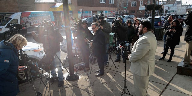14th Ward alderman candidate Jose Luis Torrez speaks to the press outside the Southside office of incumbent 14th Ward Alderman Ed Burke as the FBI executed a search warrant Nov. 29 2018 in Chicago.