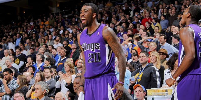 Donte Greene #20 of the Sacramento Kings reacts off the bench against the Golden State Warriors on January 21, 2011 at Oracle Arena in Oakland, California.