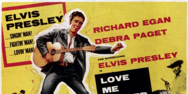 "Love Me Tender" poster featuring Elvis Presley as well as Richard Egan and Debra Paget, 1956.