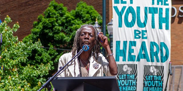 Portland City Commissioner Jo Ann Hardesty speaks the #youthvgov for the Right to a Livable Future in downtown Portland's Director Park on June 4, 2019. 