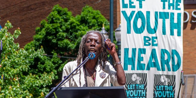 Portland City Commissioner Jo Ann Hardesty speaks the #youthvgov for the Right to a Livable Future in downtown Portland's Director Park on June 4, 2019.
