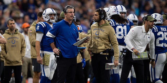 Indianapolis Colts head coach Frank Reich and Indianapolis Colts offensive coordinator Nick Sirianni on the sideline during the NFL game between the Jacksonville Jaguars and the Indianapolis Colts on November 17, 2019 at Lucas Oil Stadium, in Indianapolis, IN. 