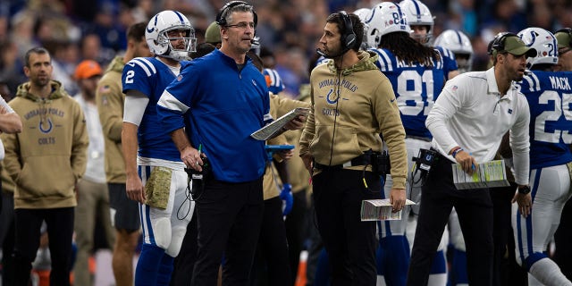 Indianapolis Colts head coach Frank Reich and Indianapolis Colts offensive coordinator Nick Sirianni on the sideline during the NFL game between the Jacksonville Jaguars and the Indianapolis Colts on November 17, 2019 at Lucas Oil Stadium, in Indianapolis, IN. 