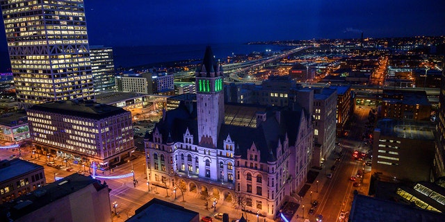 The Milwaukee skyline with Lake Michigan in the background is seen at night on January 6, 2020, in Milwaukee, Wisconsin.