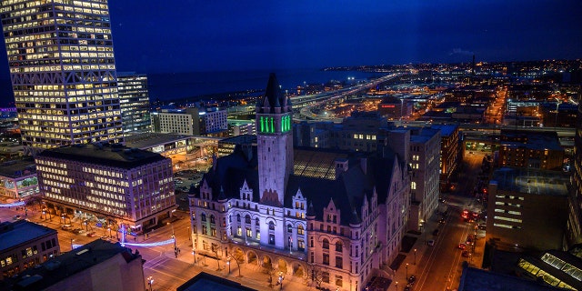 The Milwaukee skyline with Lake Michigan in the background is seen at night on January 6, 2020, in Milwaukee, Wisconsin.