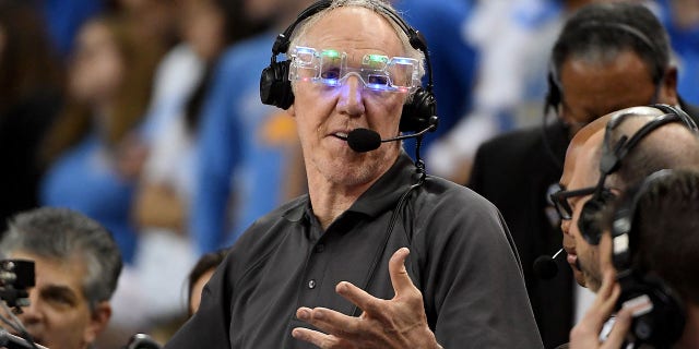 Former UCLA and NBA player Bill Walton wears 2020 lighted glasses during his broadcast of the game between the UCLA Bruins and the Arizona Wildcats at Pauley Pavilion on Feb. 29, 2020 in Los Angeles.