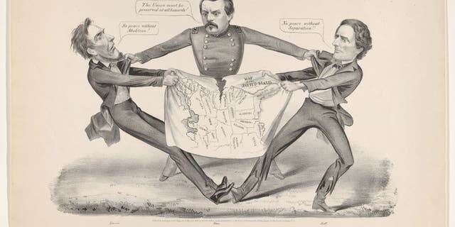 Abraham Lincoln and Jefferson Davis, presidents of the United States and the Confederacy, struggle to control a map with General George McClellan in between. Artist Currier and Ives.