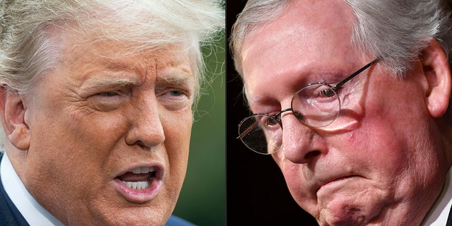 This combination of pictures created on Feb. 16, 2021, shows President Donald Trump in Washington, D.C., on Oct. 27, 2020, and Senate Majority Leader Mitch McConnell, R-Ky., in Washington, D.C., on Feb. 5, 2020.