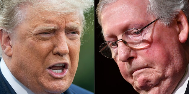 This combination of pictures created on Feb. 16, 2021, shows President Donald Trump in Washington, D.C., on Oct. 27, 2020, and Senate Majority Leader Mitch McConnell, R-Ky., in Washington, D.C., on Feb. 5, 2020.