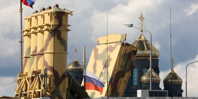 A Viking anti-aircraft missile system on display at the Army Exhibition in Moscow on August 22, 2021.