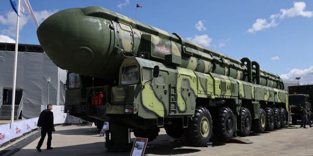 A mobile Topol intercontinental ballistic missile system on display at the Army Exhibition in Moscow on August 22, 2021.