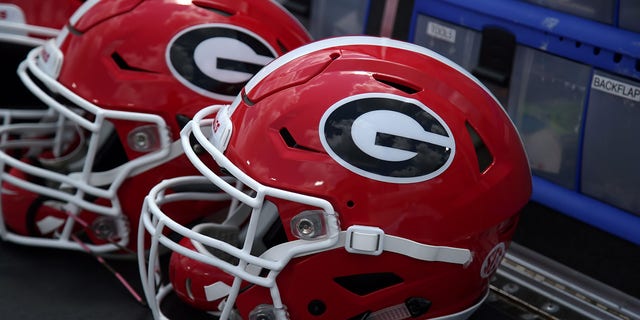 A picture of Georgia Bulldogs' helmets