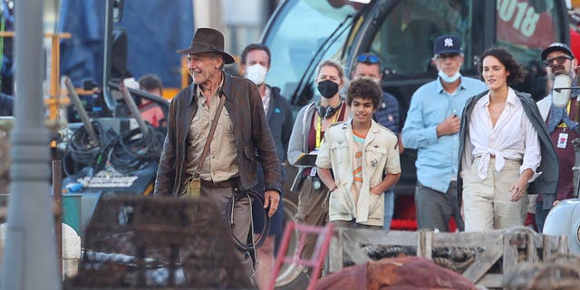 Harrison Ford and Phoebe Waller-Bridge are seen on the set of 