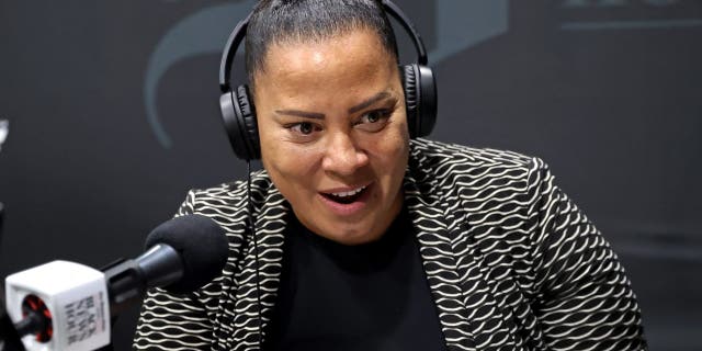 Suffolk County District Attorney Rachael Rollins spoke on Black News Hour with the Boston Globe's Meaghan Irons in Boston on Oct. 22, 2021.