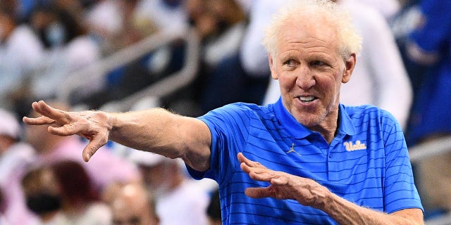 Former UCLA Bruins great Bill Walton looks on during a college basketball game between the Villanova Wildcats and the UCLA Bruins on November 12, 2021, at Pauley Pavilion in Los Angeles.