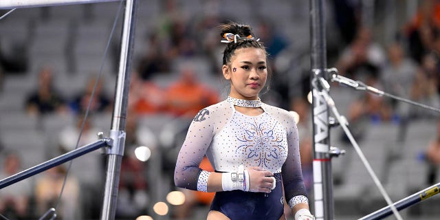 Auburn's Suni Lee during the individual all-around at Dickies Arena in Fort Worth, Texas on April 14, 2022.