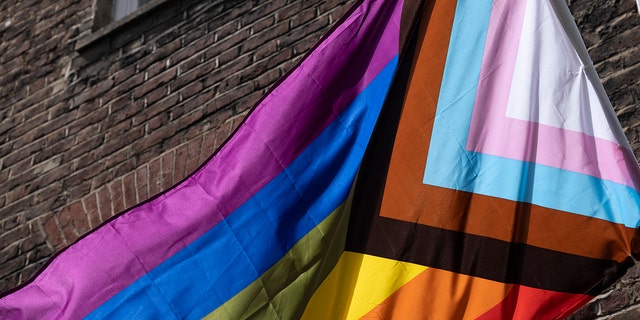 A photo of a Pride Progress flag, which includes colors from the Transgender Pride Flag.