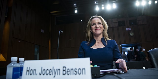 Jocelyn Benson, Michigan secretary of state, arrives during a Senate Judiciary Committee hearing in Washington, D.C., US, on Wednesday, Aug. 3, 2022. 