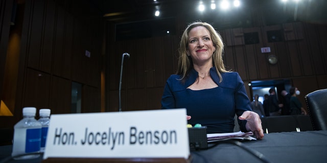 Jocelyn Benson, Michigan secretary of state, arrives during a Senate Judiciary Committee hearing in Washington, D.C., US, on Wednesday, Aug. 3, 2022.