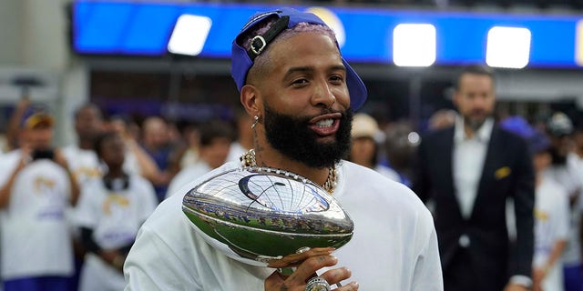 Odell Beckham Jr. of the Rams with the Vince Lombardi Trophy during an NFL game between the Los Angeles Rams and the Buffalo Bills on September 08, 2022, at SoFi Stadium in Inglewood, CA.