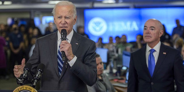 President Joe Biden speaks beside DHS Secretary Alejandro Mayorkas at the Federal Emergency Management Agency (FEMA) headquarters in Washington, DC, US, on Thursday, Sept. 29, 2022.