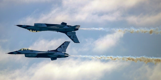 U.S. Airforce Thunderbirds, Lockheed Martin F-16 fighting falcons perform at Pacific Airshow on Saturday, Oct. 1, 2022 in Huntington Beach, CA.