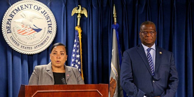 U.S. District Attorney Rachael Rollins speaks at a press conference along with Police Commissioner Michael Cox, Oct. 4, 2022, in Boston. 