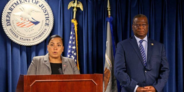 U.S. District Attorney Rachael Rollins speaks at a press conference along with Police Commissioner Michael Cox, Oct. 4, 2022, in Boston. 