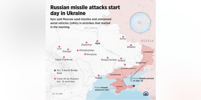 An infographic titled "Russian missile attacks start day in Ukraine" is created in Ankara, Turkiye on Oct 10, 2022. Kyiv said Moscow used missiles and unmanned aerial vehicles in airstrikes that started in the morning. 