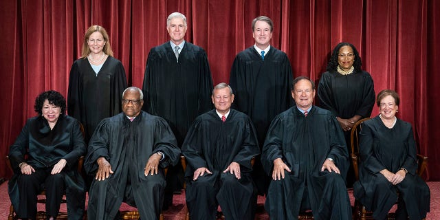 Members of the Supreme Court sit for a group photo following the recent addition of Associate Justice Ketanji Brown Jackson, at the Supreme Court building on Capitol Hill on Friday, Oct 07, 2022 in Washington, DC. 